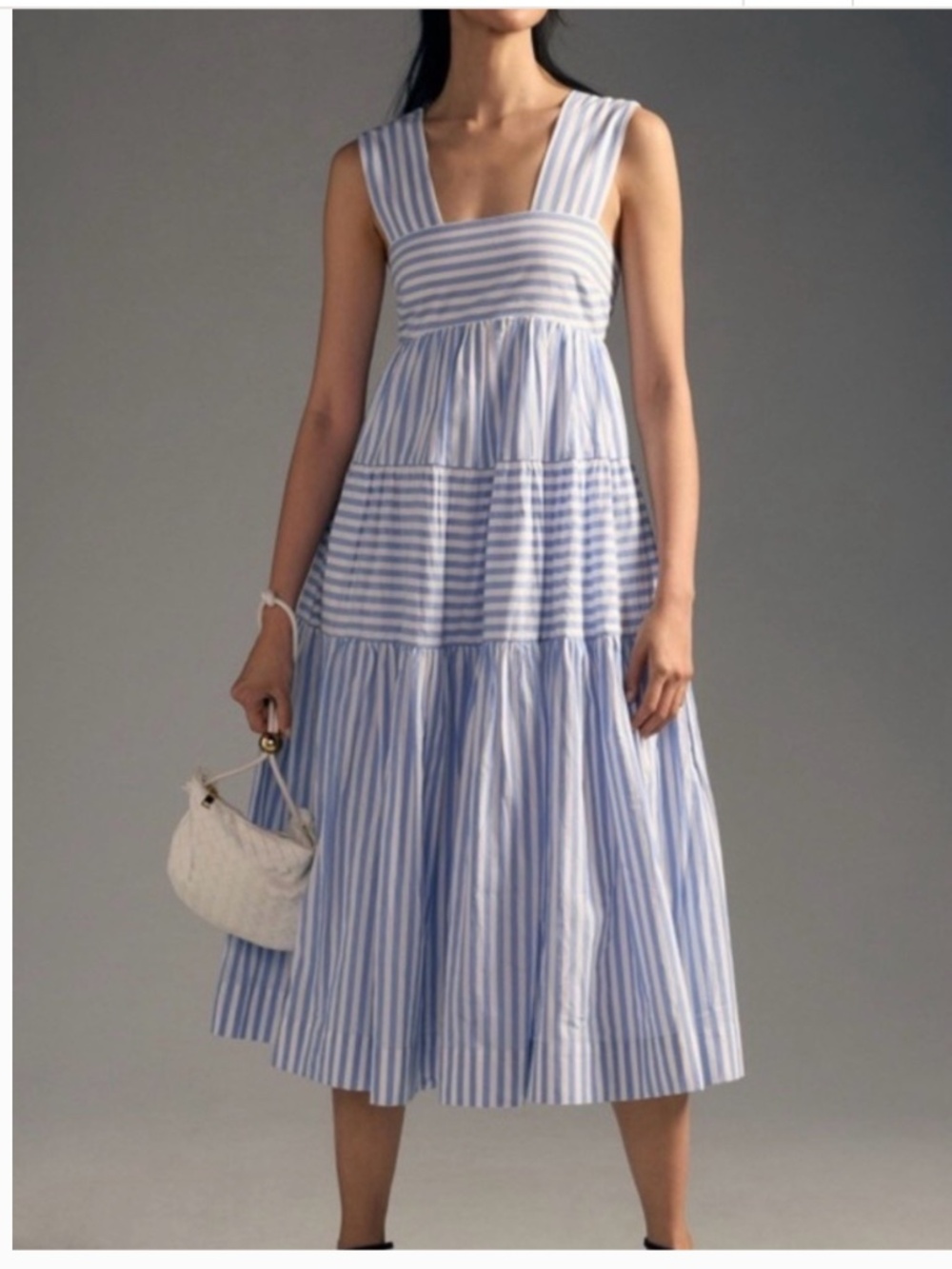 Anthropologie Blue and White Striped Sleeveless Tiered Helena Midi Dress